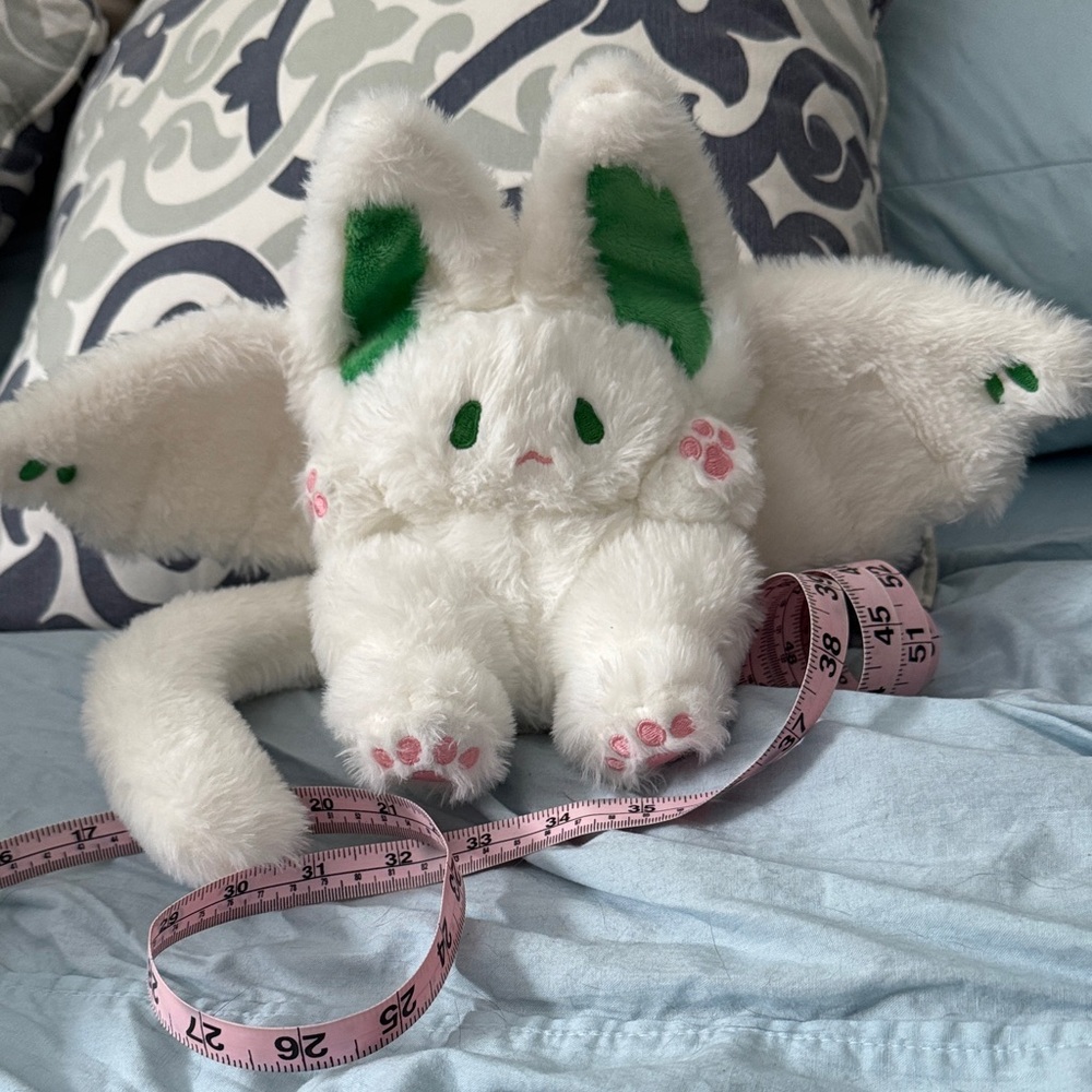 White Plush Kitty Winged Stuffed Animal with Green Accents